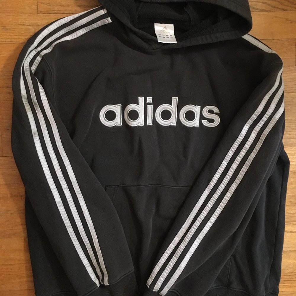 Vintage Black and Silver Adidas Spellout Hoodie